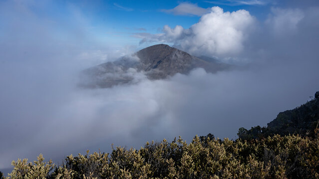 Mountain peak surrounded by swirling clouds and a clear blue sky above dense foliage. Kula, Hawaii, USA