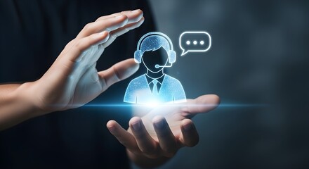 Caring hands protect and support a glowing digital customer service icon.