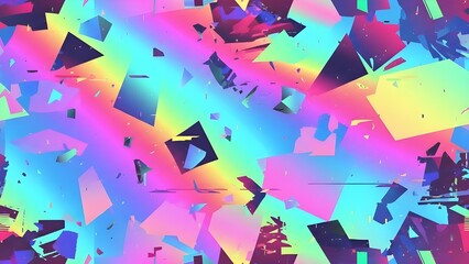 Vibrant abstract background with colorful geometric shapes and fragments in pink blue yellow and purple hues creating a dynamic and energetic visual effect