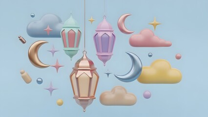 Colorful ramadan kareem decorations with lanterns moons and stars on blue background
