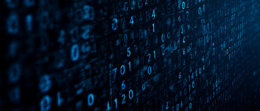 A digital matrix of cascading blue binary code and numbers.
