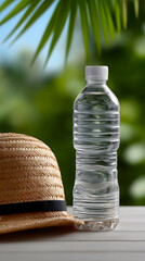 Clear Plastic Water Bottle and Straw Hat on Table with Tropical Background