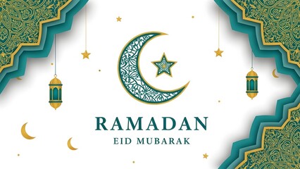 Ramadan eid mubarak with crescent moon and lanterns on white background