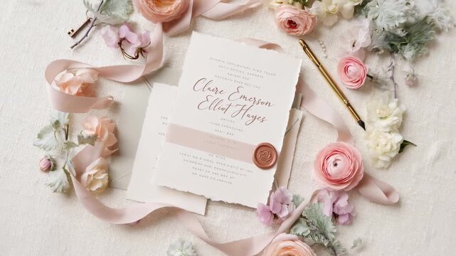 Top-down video of elegant wedding invitation with floral decor and soft pastel hues