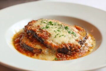 Dish of melted cheese on parmesan served on a white plate with a red sauce and herbs showing a blend of flavors from different cultures at a dining location