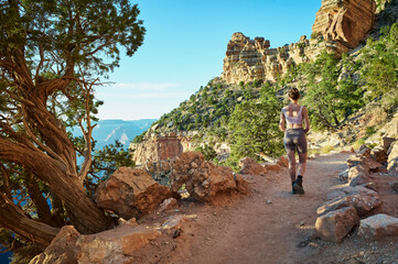 A woman hikes along a scenic trail on a rocky mountain under a clear blue sky. Grand Canyon, Arizona, USA