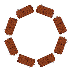 Circular frame with cinnamon stick bundle in flat style. Aromatic spice illustration with empty center for culinary branding, packaging, menu and seasonal food background.