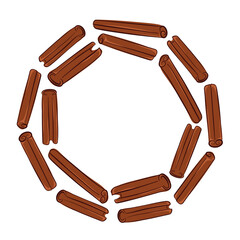 Circular frame with cinnamon stick in flat style isolated on white background. Aromatic spice illustration with empty center for food branding, packaging, menu and seasonal design.