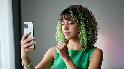 Vibrant Green Curly Hair Woman Takes Selfie on Smartphone | Modern Lifestyle, Tech & Social Media Portrait