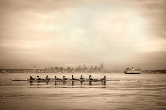 Rowing team gliding across calm water with city skyline and ferry in the background. WA, USA
