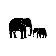 A silhouette of a large elephant standing next to a smaller elephant, representing a mother and child.