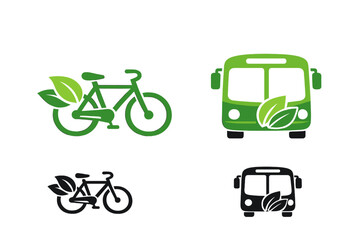 Eco-friendly transportation icons: bicycle and bus with leaves