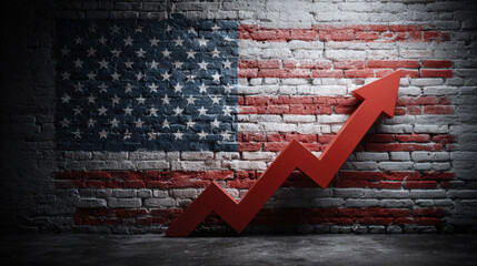 Red arrow graph showing upward trend against a brick wall painted with the American flag. symbolized by an upward trending graph superimposed on the national flag.