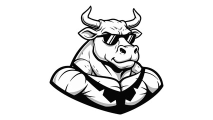 black and white vector illustration of a cow in the black glasses and with big muscles