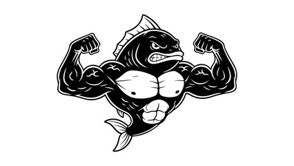 funny cool fish showing off his big muscles with angry face black and white vector illustration