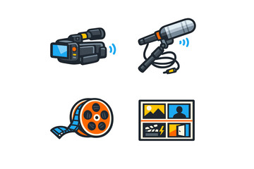 Set of four stylized icons for video production and content creation