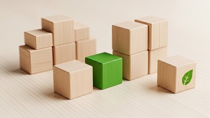 Fototapeta premium Wooden Blocks Stacking Game with Green Block