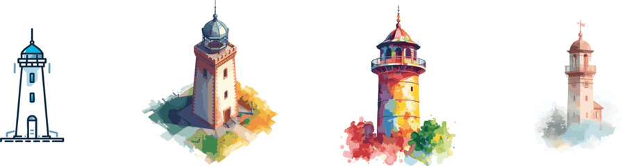 Watercolor Watchtower Set New Creative Icon Design Vector. Isolated on white background        