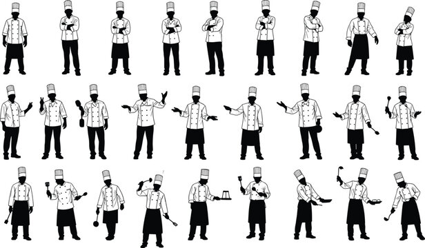 Set of Professional Chef Silhouettes Featuring Male Cooks in Uniform Gesturing Presenting Cooking and Holding Kitchen Tools for Restaurant Design