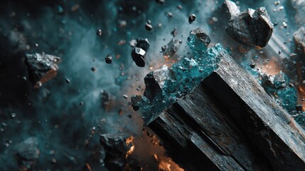 Explosions of rock and crystal fragments filling the air surrounded by swirling cloud of dust and smoke during mining activities in a quarry