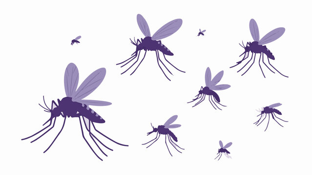 A swarm of dark purple and lavender mosquitoes fly across a white background
