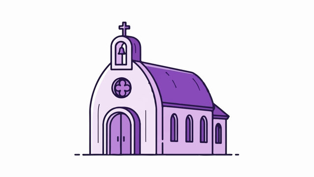 A stylized purple chapel with a bell tower, cross, and arched windows