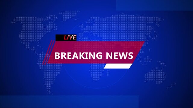 Modern breaking news studio with digital world map backdrop and urgent breaking news banner. Modern news live streaming TV broadcast backdrop. news channel, alert or urgent news coverage.