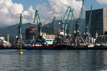 Naklejka premium Commercial cargo ship loading in a scenic harbor with mountains and urban background. Ideal for supply chain articles, freight forwarding ads, and maritime projects.