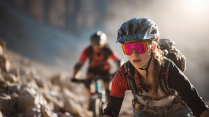 Cardio sports cycling biking exercise training, healthy lifestyle. Two mountain bikers in action on a rocky trail. The woman in the foreground wears a helmet, sunglasses, and a backpack.