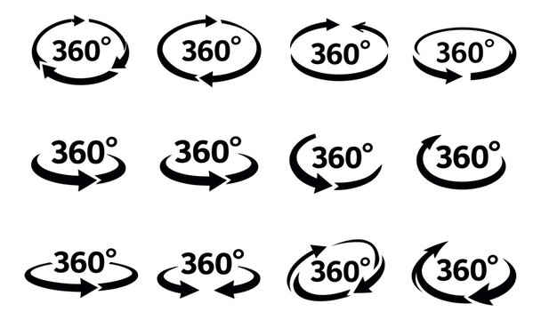 Minimalist rotation icon set featuring 360 degree symbols with various arrow styles for web design, virtual reality, and user interfaces