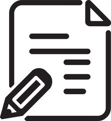 Black and white icon of a document with a pencil, representing writing, editing, or creating content