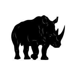Fototapeta premium Striking black silhouette of a rhinoceros standing on a white background, showcasing its powerful form and distinctive horn.