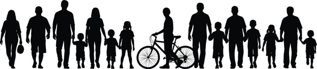 Obraz premium Large family silhouette collection of parents children and grandparents walking together with bicycle for community social connection and multi generational relationship design projects isolated.