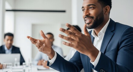 Man in blue suit gesturing with hands during meeting discussion, other people blurred in background, business concept, modern, corporate