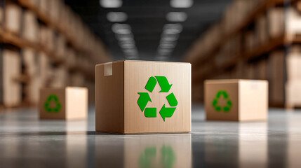 In the warehouse, a close-up of a box with a recycling symbol. The background is a large warehouse filled with boxes.