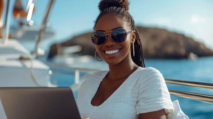 A woman in sunglasses is working on a laptop on the deck of a yacht off the coast, an image of remote work, leisure, and luxurious lifestyle.