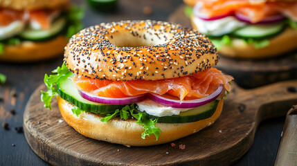 An appetizing burger with slices of smoked salmon, fresh cucumber, and green salad on a grain bun &mdash; a close-up for menus and food advertisements.