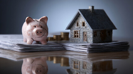 A broken piggy bank stands on a stack of bills next to a model house and piles of coins &mdash; a financial crisis, a mortgage, and personal budget problems.