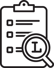 Black outline icon of a clipboard with a checklist and a magnifying glass examining a list item on a white background