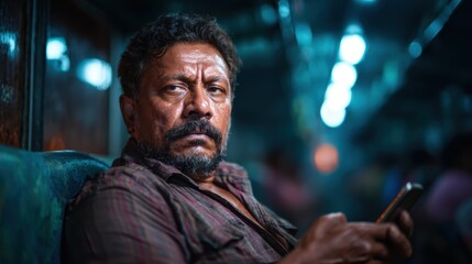 A contemplative man sits in a dimly lit train, immersed in thought as he gazes at his phone, encapsulating feelings of introspection and solitude in a bustling world.