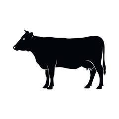Cow Silhouette Vector Illustration; Minimalist Black Standing Cattle Profile; Farm Animal Side View Graphic for Dairy, Beef, Agriculture, Ranching, and Countryside Themed Design Projects
