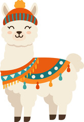 Obraz premium Boho llama with hat, scarf and colorful blanket clipart in cartoon flat style. Cute winter alpaca vector illustration. Adorable cartoon animal