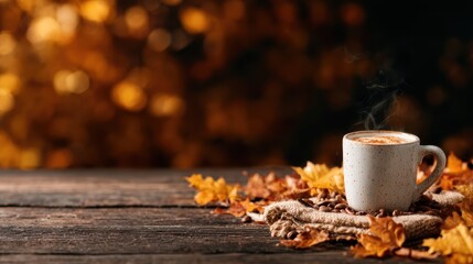 A cozy coffee cup sits on a rustic wooden table, surrounded by autumn leaves, capturing the warmth and comfort of fall gatherings and leisurely moments spent sipping beverages.