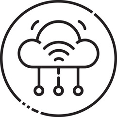 Black outline icon of a cloud connected to three nodes with Wi- Fi signals, enclosed in a dashed circle on a white background