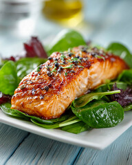 Crispy-crusted grilled salmon steak on a bed of steamed spinach and herbs, a healthy, restaurant-quality, and dietary dinner option.