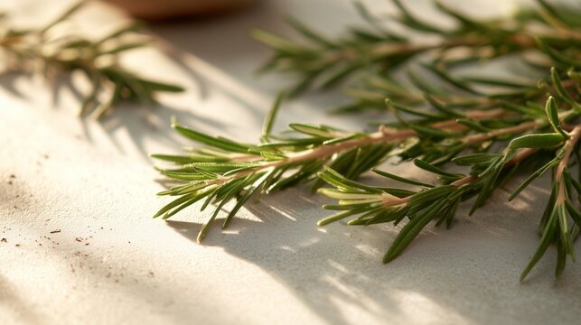 Freshly cut rosemary branches on a table with soft natural light shining