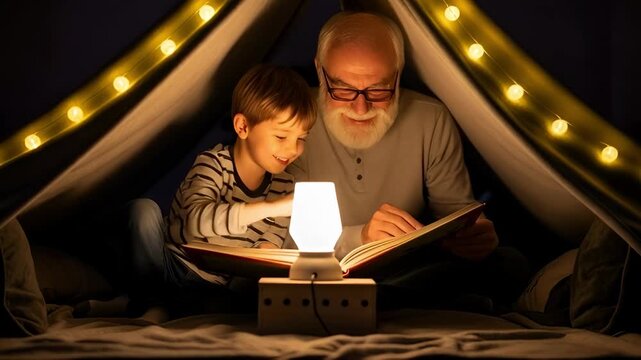 Happy caucasian grandfather and boy reading book together under blanket fort tent with glowing string lights at night, video footage