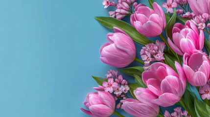 A bouquet of pink tulips on a turquoise background with a copy of the space on the right, a concept of spring, March 8, greetings, and romantic postcards.