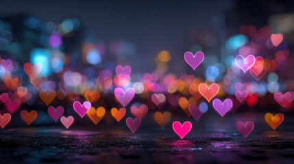 Romantic abstract background with many pink and pastel violet hearts floating in the air on a blurred bokeh backdrop with soft glowing lights, concept of love, Valentine&rsquo;s Day