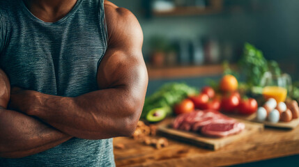 Close-up of a muscular man with his arms crossed, standing in front of a kitchen table with food. Healthy eating, fitness diet, sports nutrition, and training preparation.